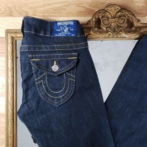 TRUE RELIGION Women's MID RISE BOOTCUT Flap Pocket Dark Wash Jeans Size 27